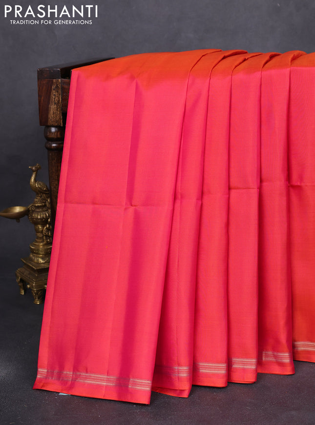 Pure soft silk saree dual shade of pinkish orange and yellow with plain body and kalamkari hand painted pallu