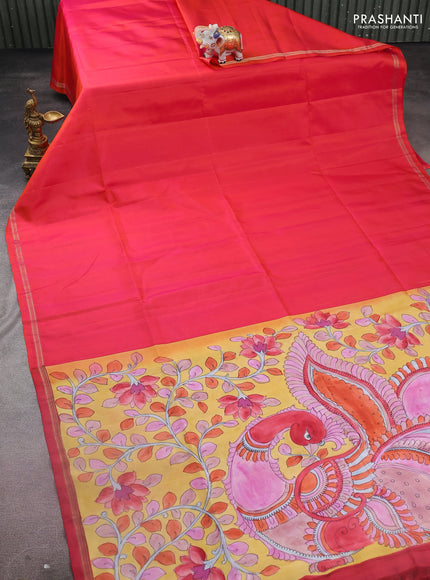 Pure soft silk saree dual shade of pinkish orange and yellow with plain body and kalamkari hand painted pallu