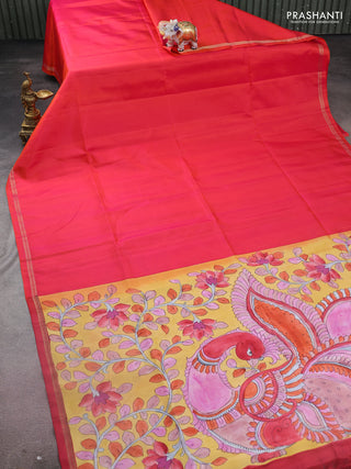 Pure soft silk saree dual shade of pinkish orange and yellow with plain body and kalamkari hand painted pallu