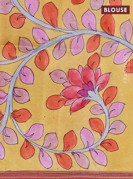 Pure soft silk saree dual shade of pinkish orange and yellow with plain body and kalamkari hand painted pallu