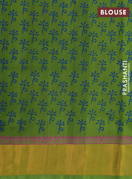 Silk cotton block printed saree peacock blue and light green with floral prints and zari woven border