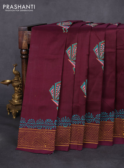 Silk cotton block printed saree wine shade and witgh peacock butta prints and printed border