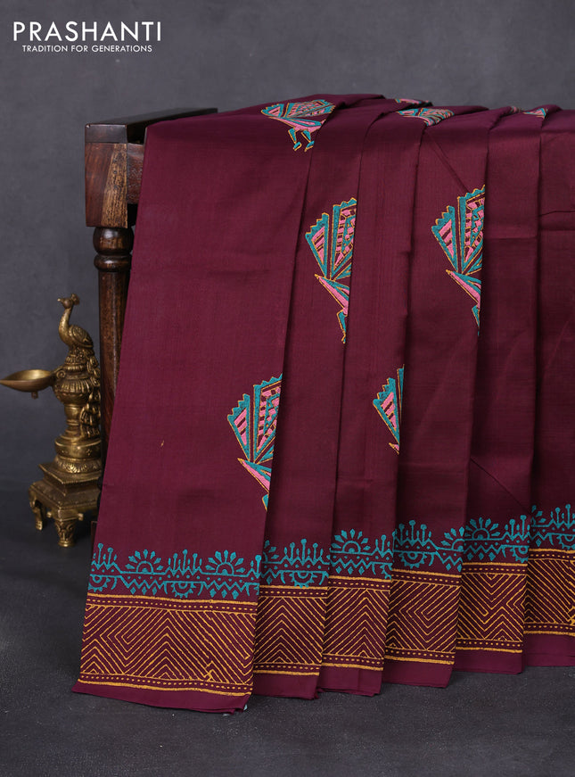 Silk cotton block printed saree wine shade and witgh peacock butta prints and printed border