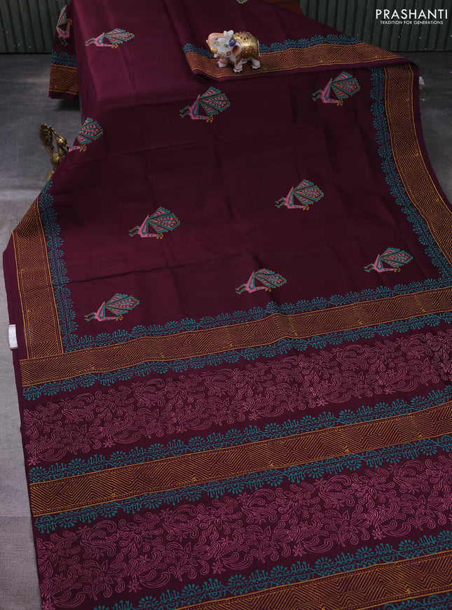 Silk cotton block printed saree wine shade and witgh peacock butta prints and printed border