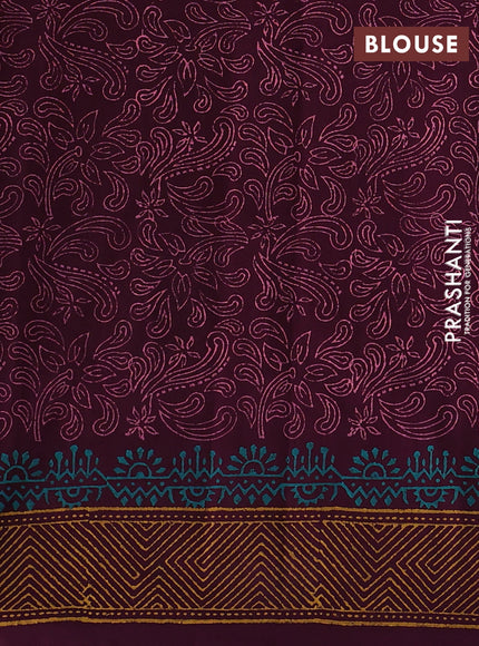 Silk cotton block printed saree wine shade and witgh peacock butta prints and printed border