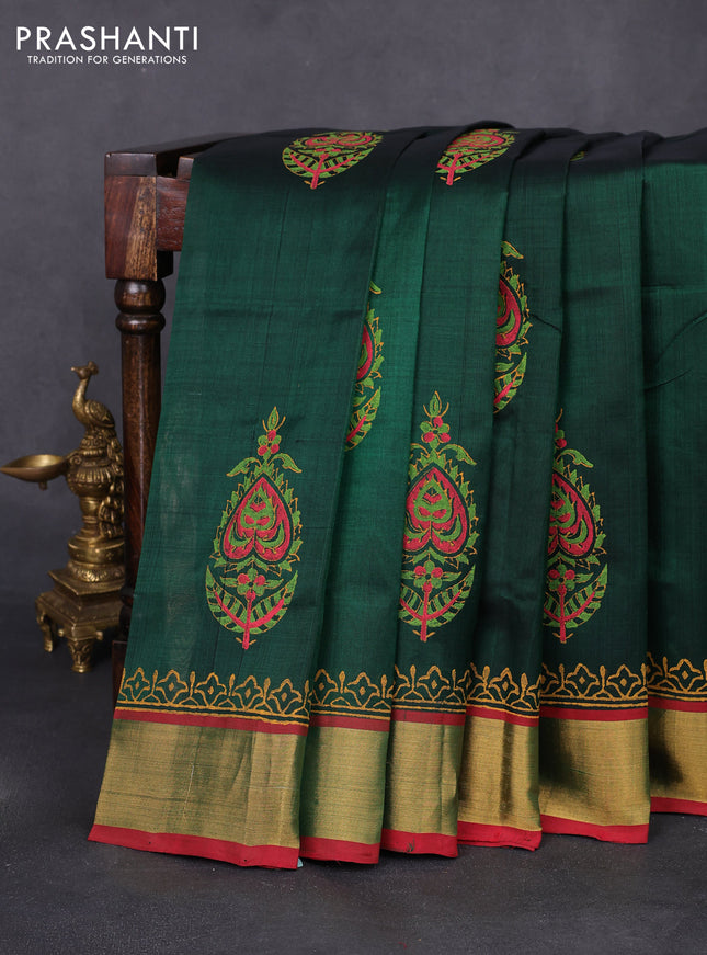Silk cotton block printed saree bottle green and maroon with butta prints and zari woven border