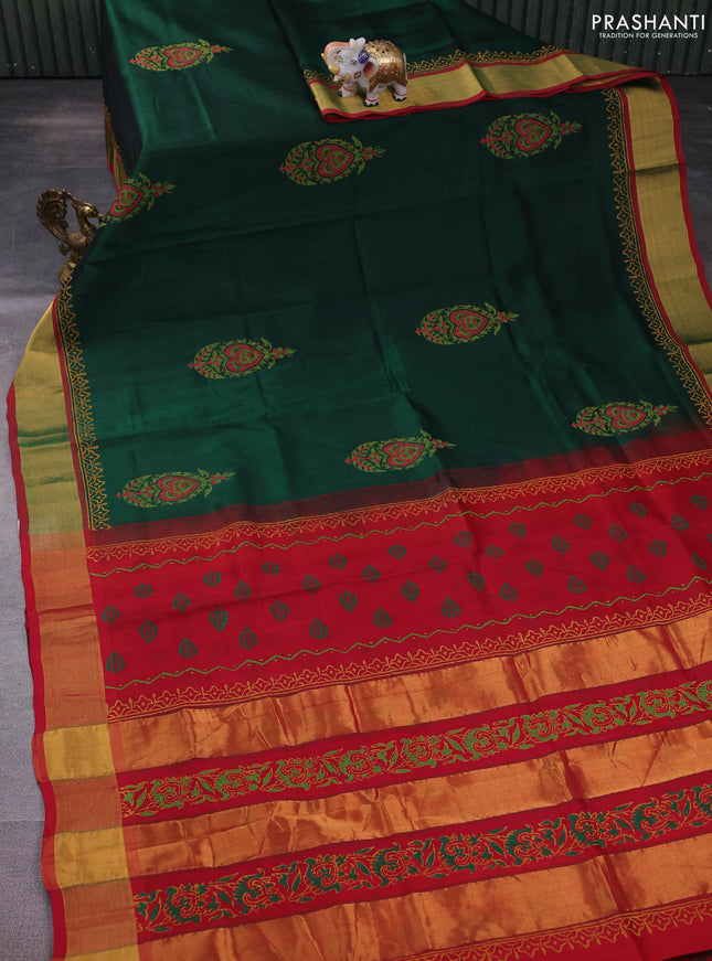 Silk cotton block printed saree bottle green and maroon with butta prints and zari woven border
