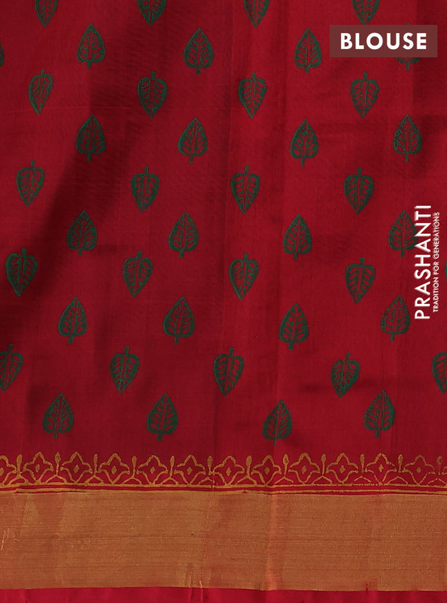Silk cotton block printed saree bottle green and maroon with butta prints and zari woven border