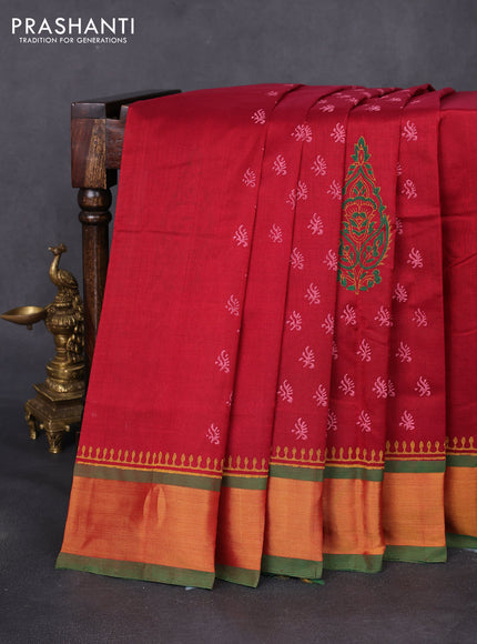 Silk cotton block printed saree maroon and green with butta prints and zari woven border