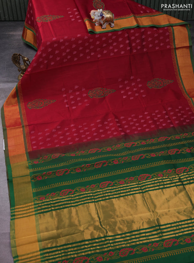 Silk cotton block printed saree maroon and green with butta prints and zari woven border