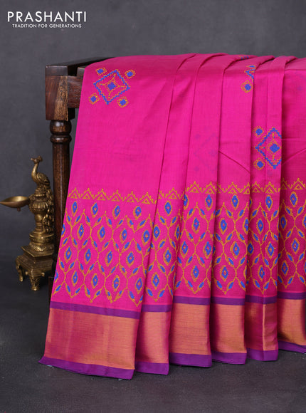 Silk cotton block printed saree magenta pink and violet with allover prints and zari woven border