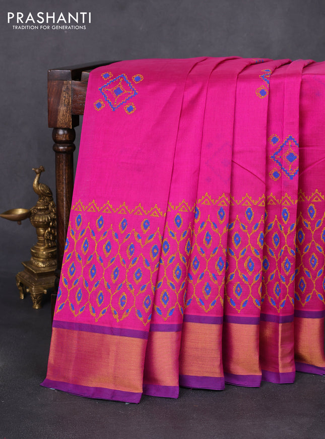 Silk cotton block printed saree magenta pink and violet with allover prints and zari woven border