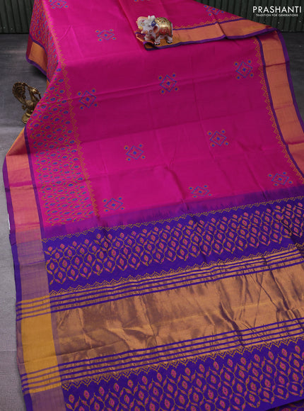 Silk cotton block printed saree magenta pink and violet with allover prints and zari woven border