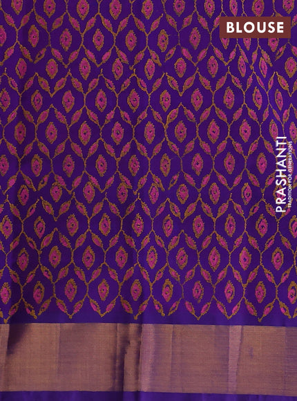 Silk cotton block printed saree magenta pink and violet with allover prints and zari woven border