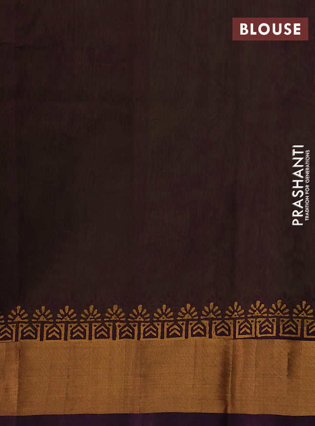 Silk cotton block printed saree light green and wine shade with allover floral prints and zari woven border