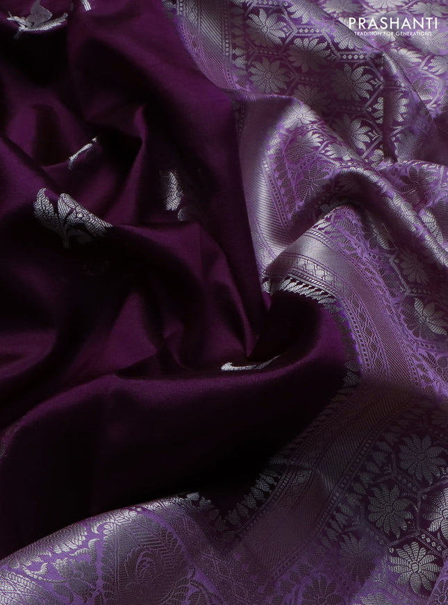 Banarasi poona silk saree wine shade and lavender with zari woven floral buttas and long zari woven border
