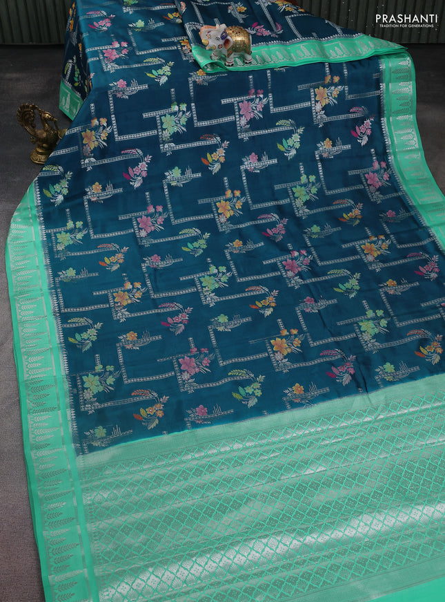 Banarasi poona silk saree peacock green and teal green with allover thread & silver zari weaves and silver zari woven border
