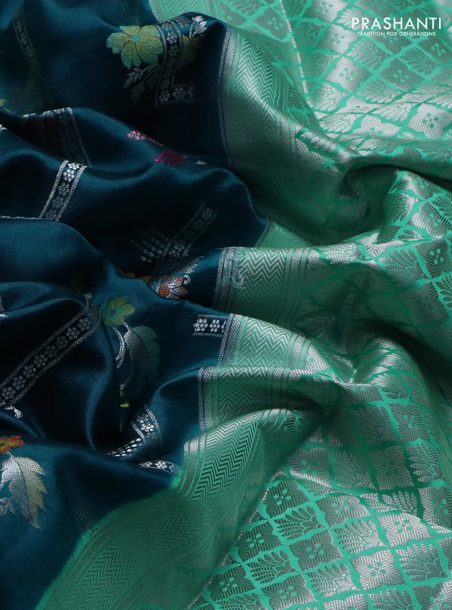 Banarasi poona silk saree peacock green and teal green with allover thread & silver zari weaves and silver zari woven border
