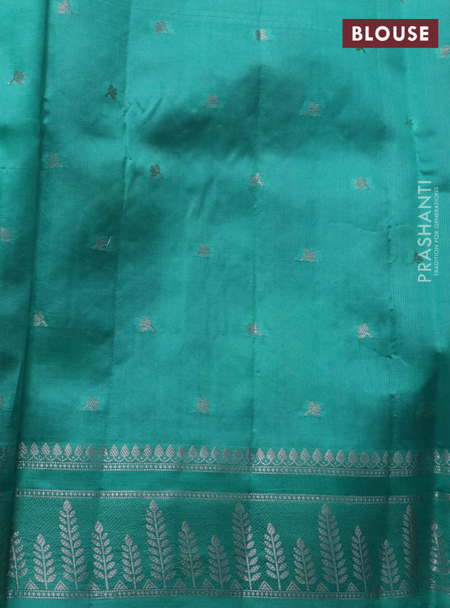 Banarasi poona silk saree peacock green and teal green with allover thread & silver zari weaves and silver zari woven border