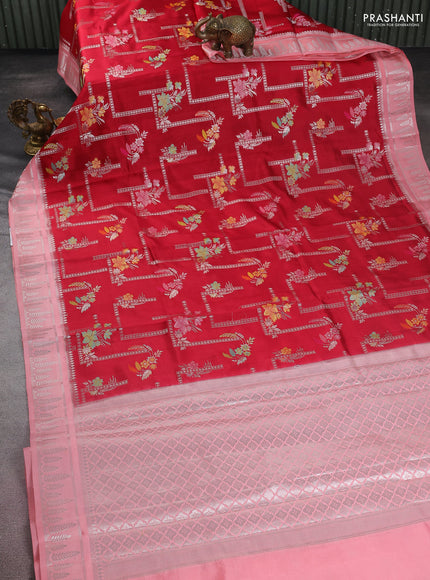 Banarasi poona silk saree red and peach shade with allover thread & silver zari weaves and silver zari woven border