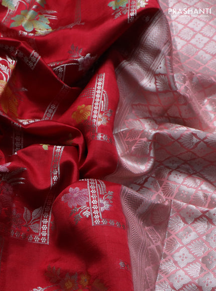 Banarasi poona silk saree red and peach shade with allover thread & silver zari weaves and silver zari woven border
