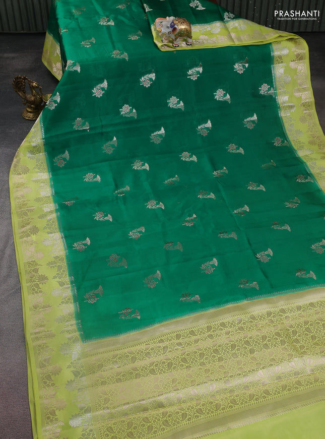 Banarasi poona silk saree green and lime yellow with zari woven buttas and zari woven border