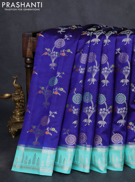 Banarasi poona silk saree blue and teal green with thread & zari woven buttas and zari woven border