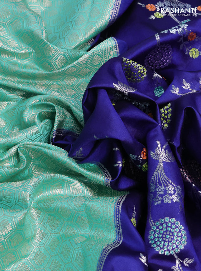 Banarasi poona silk saree blue and teal green with thread & zari woven buttas and zari woven border