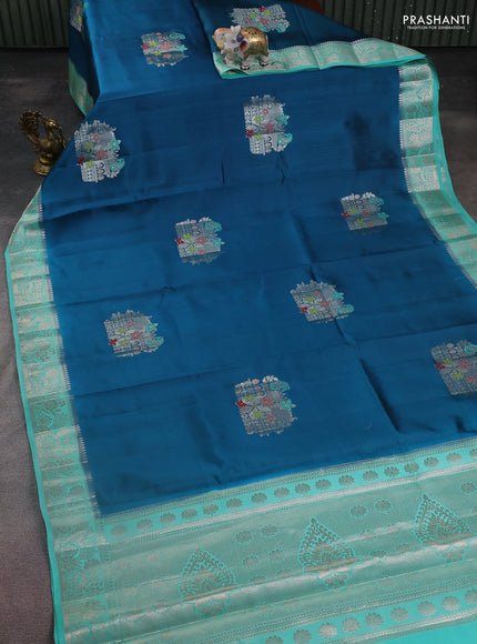Banarasi poona silk saree peacock green and teal green with thread & zari woven buttas and zari woven border