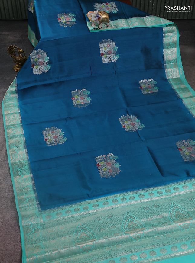 Banarasi poona silk saree peacock green and teal green with thread & zari woven buttas and zari woven border