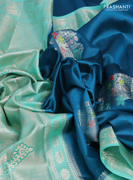 Banarasi poona silk saree peacock green and teal green with thread & zari woven buttas and zari woven border