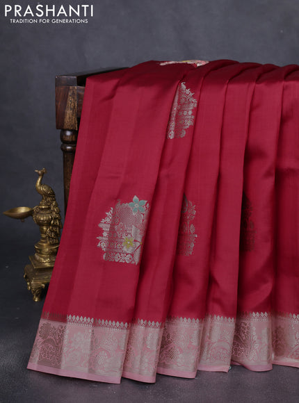 Banarasi poona silk saree red and peach orange with thread & zari woven buttas and zari woven border