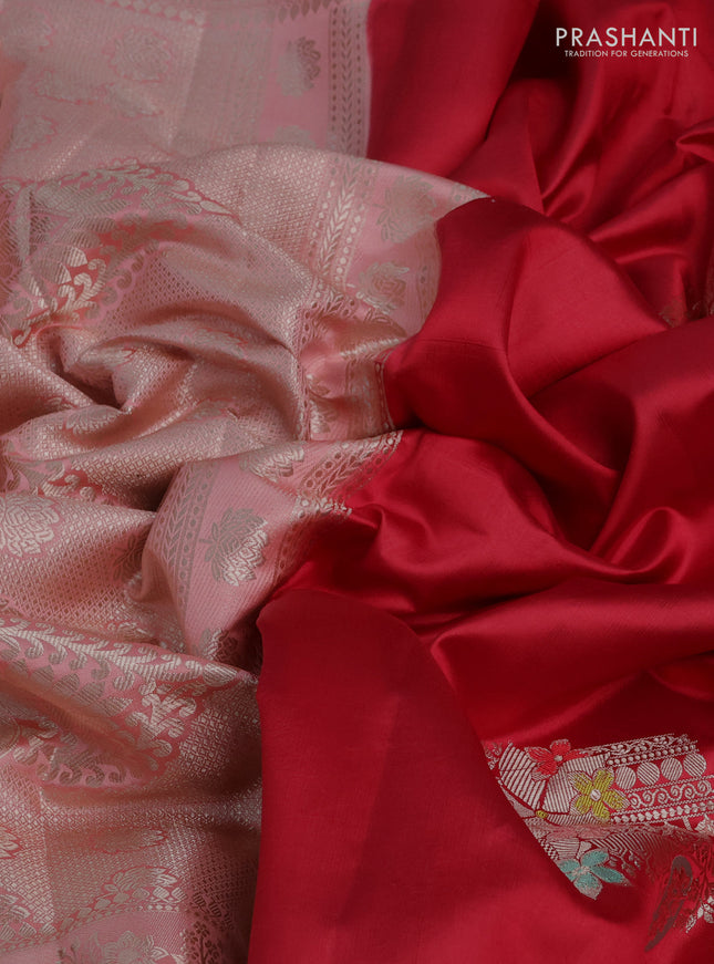 Banarasi poona silk saree red and peach orange with thread & zari woven buttas and zari woven border