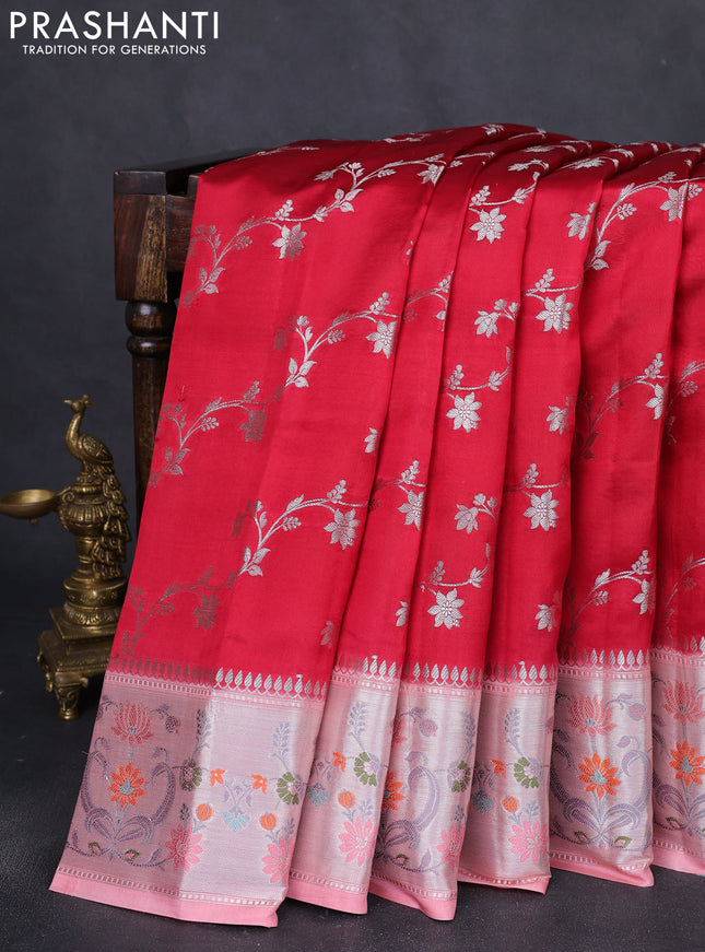 Banarasi poona silk saree red and peach pink shade with allover silver weaves and zari woven floral border