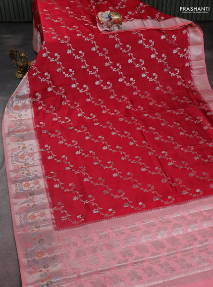 Banarasi poona silk saree red and peach pink shade with allover silver weaves and zari woven floral border