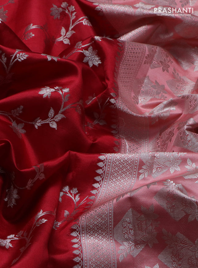 Banarasi poona silk saree red and peach pink shade with allover silver weaves and zari woven floral border