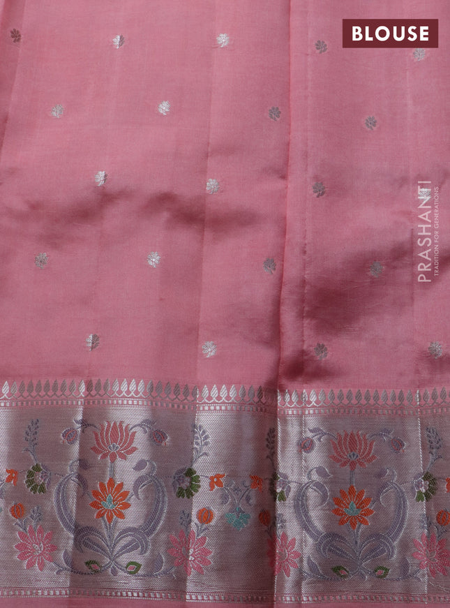 Banarasi poona silk saree red and peach pink shade with allover silver weaves and zari woven floral border