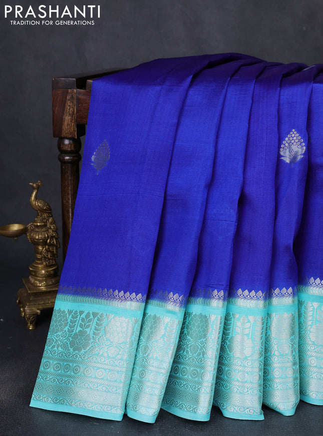 Banarasi poona silk saree blue and teal blue with silver zari woven buttas and rich zari woven border