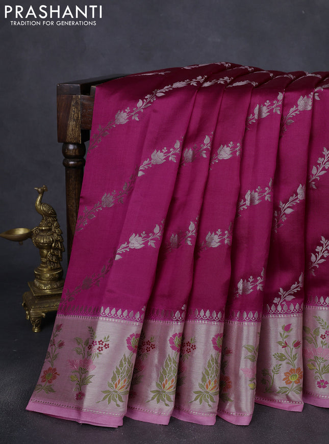 Banarasi poona silk saree dark pink and light pink with allover zari weaves and zari woven floral border