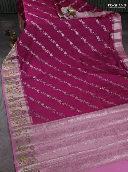 Banarasi poona silk saree dark pink and light pink with allover zari weaves and zari woven floral border