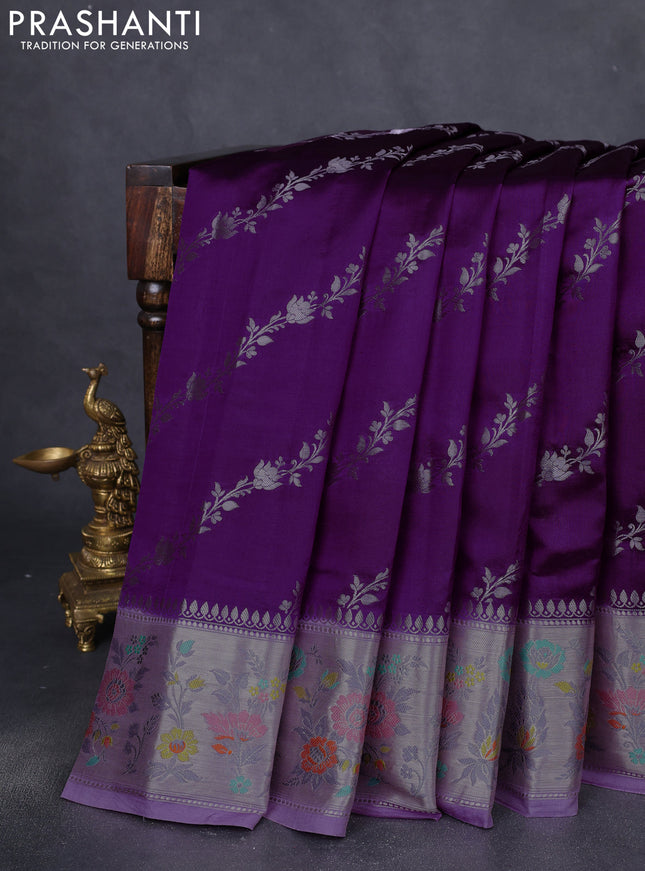 Banarasi poona silk saree purple and lavender with allover silver zari weaves and zari woven floral design border