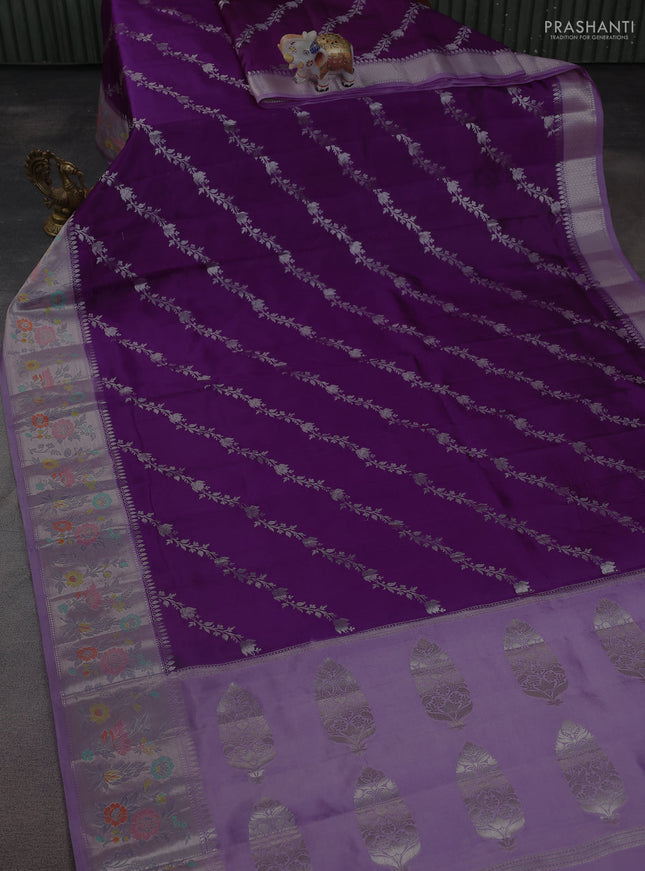 Banarasi poona silk saree purple and lavender with allover silver zari weaves and zari woven floral design border