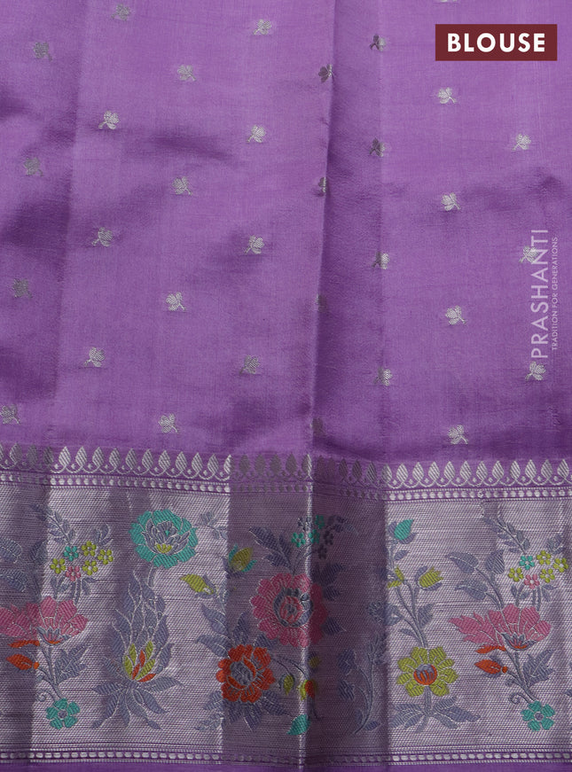 Banarasi poona silk saree purple and lavender with allover silver zari weaves and zari woven floral design border