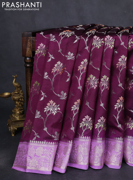 Banarasi poona silk saree wine shade and lavender with allover thread & zari woven floral weaves and zari woven floral border
