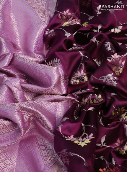 Banarasi poona silk saree wine shade and lavender with allover thread & zari woven floral weaves and zari woven floral border