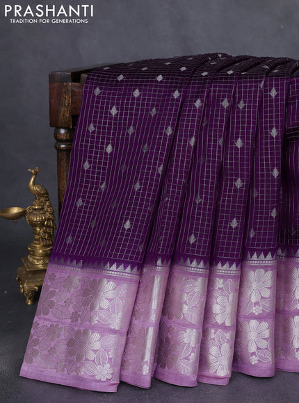 Banarasi poona silk saree purple and lavender with allover silver zari checks & buttas and long floral design zari woven border