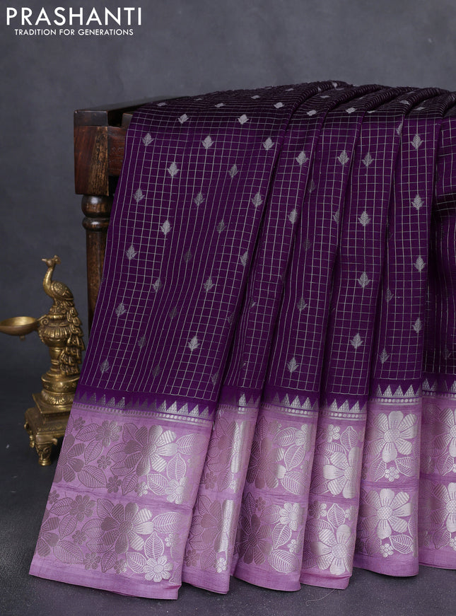 Banarasi poona silk saree purple and lavender with allover silver zari checks & buttas and long floral design zari woven border