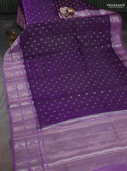 Banarasi poona silk saree purple and lavender with allover silver zari checks & buttas and long floral design zari woven border