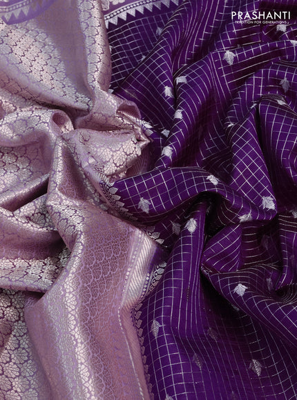 Banarasi poona silk saree purple and lavender with allover silver zari checks & buttas and long floral design zari woven border