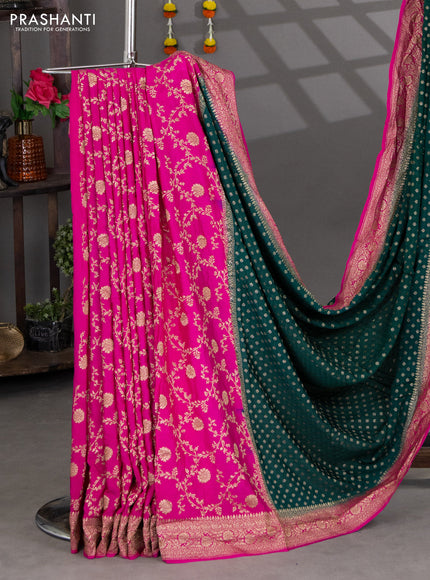 Banarasi crepe partly saree green and pink with woven buttas and woven border